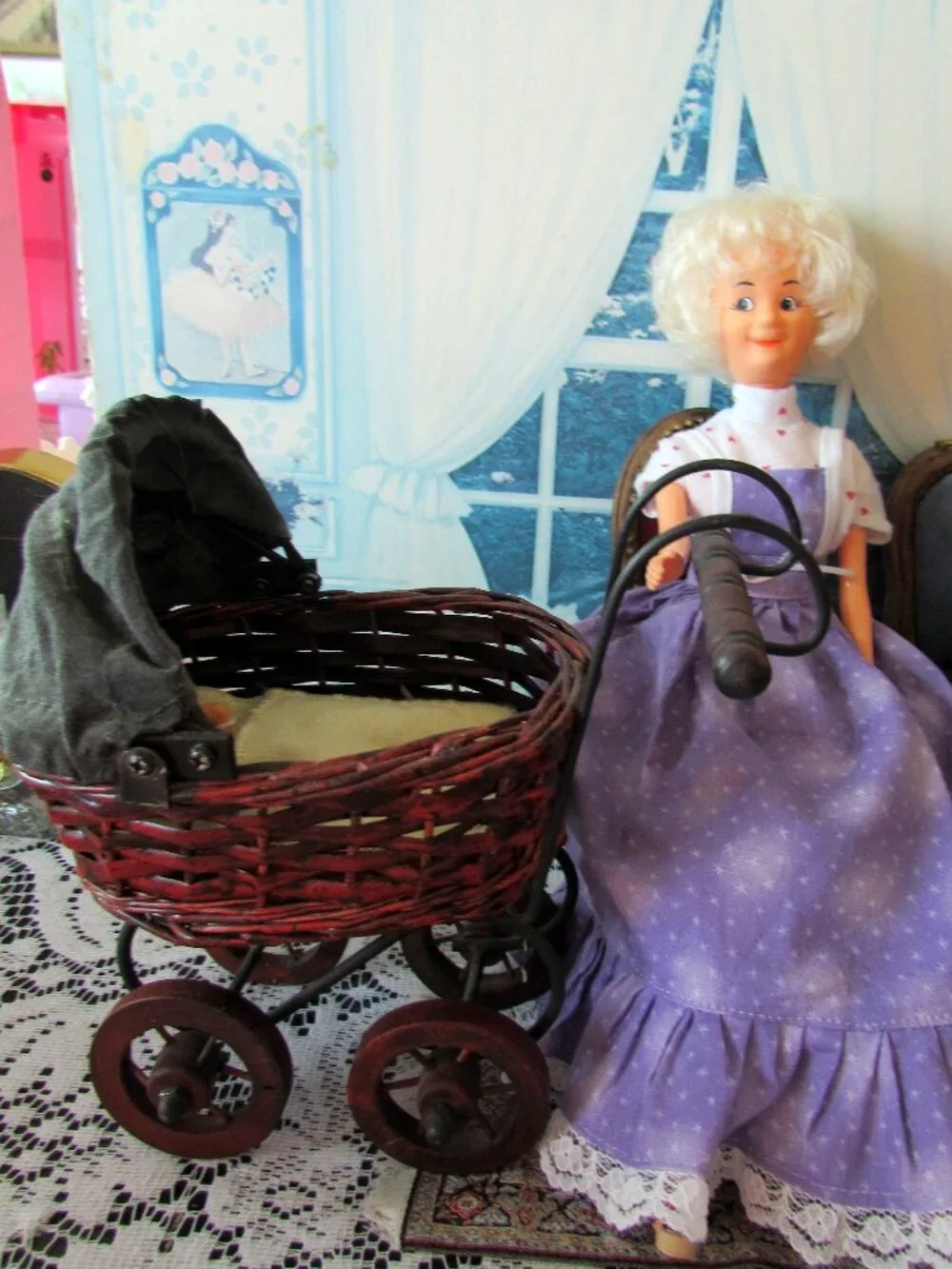 GRANDMA DOLL, BABY, VINTAGE BUGGY, CLOTHES, WOVEN BABY BASKET, BARBIE SIZE GRAM